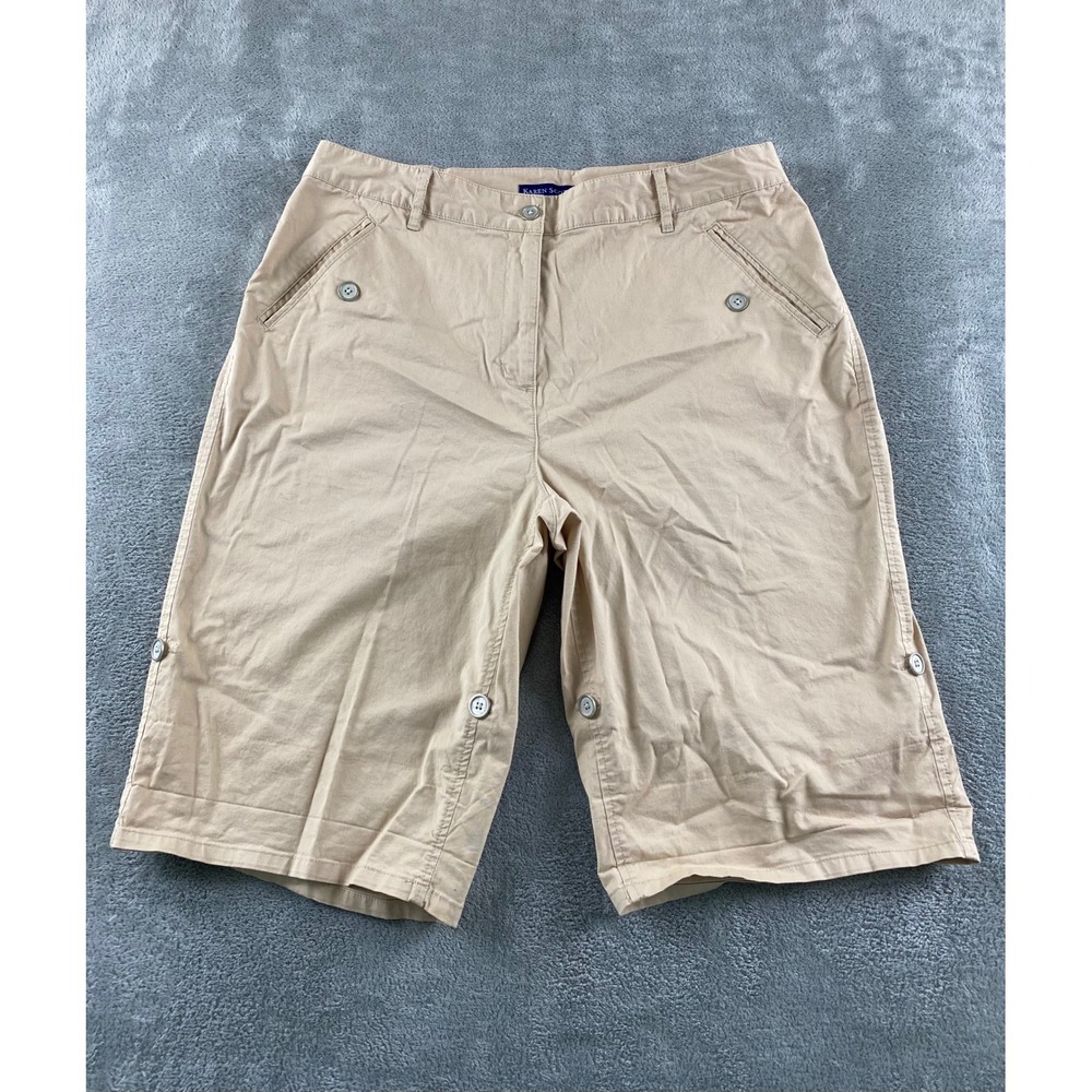 Karen Scott Womens Khaki Bermuda Shorts Size 14 Tan Cotton Stretch Chino Pockets